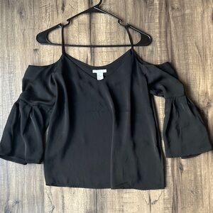 Satin Black Cold Shoulder Top with Bell Sleeves